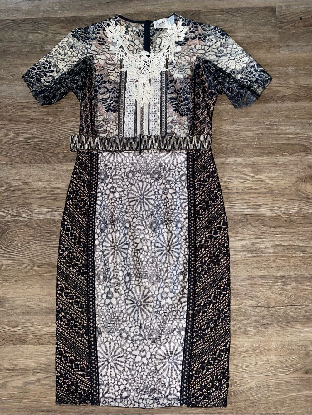 Byron Lars Black and Cream Lace Panel Midi Dress